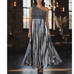 Vintage Rivar's 3/4 One Shoulder Silver Metallic Pleated Gown Formal Prom Dress